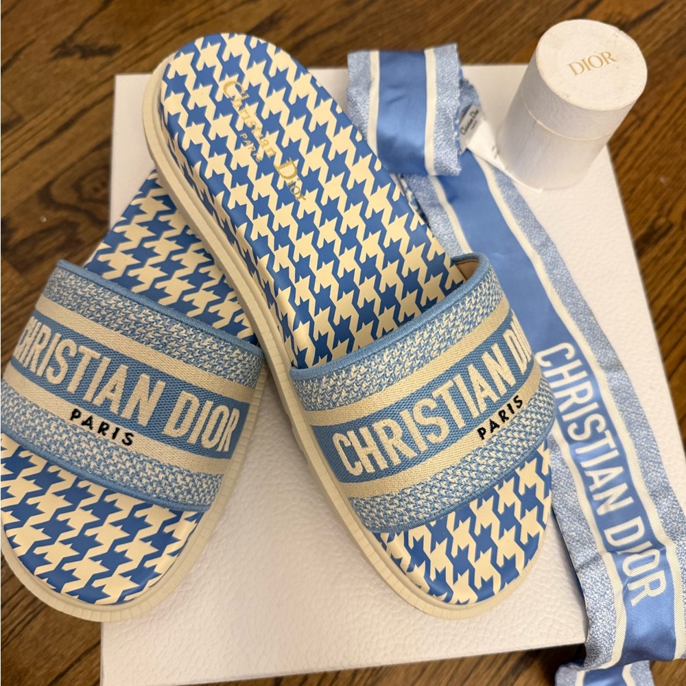 Christian Dior Blue and White Slides & TWILL